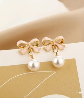 Aretes de lazo rosa con perla