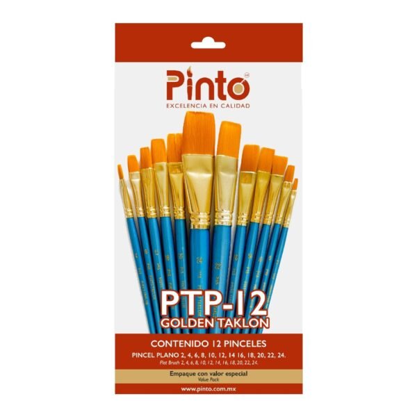 Set Pinceles Pinto PTP-12 Planos Taklon Dorado
